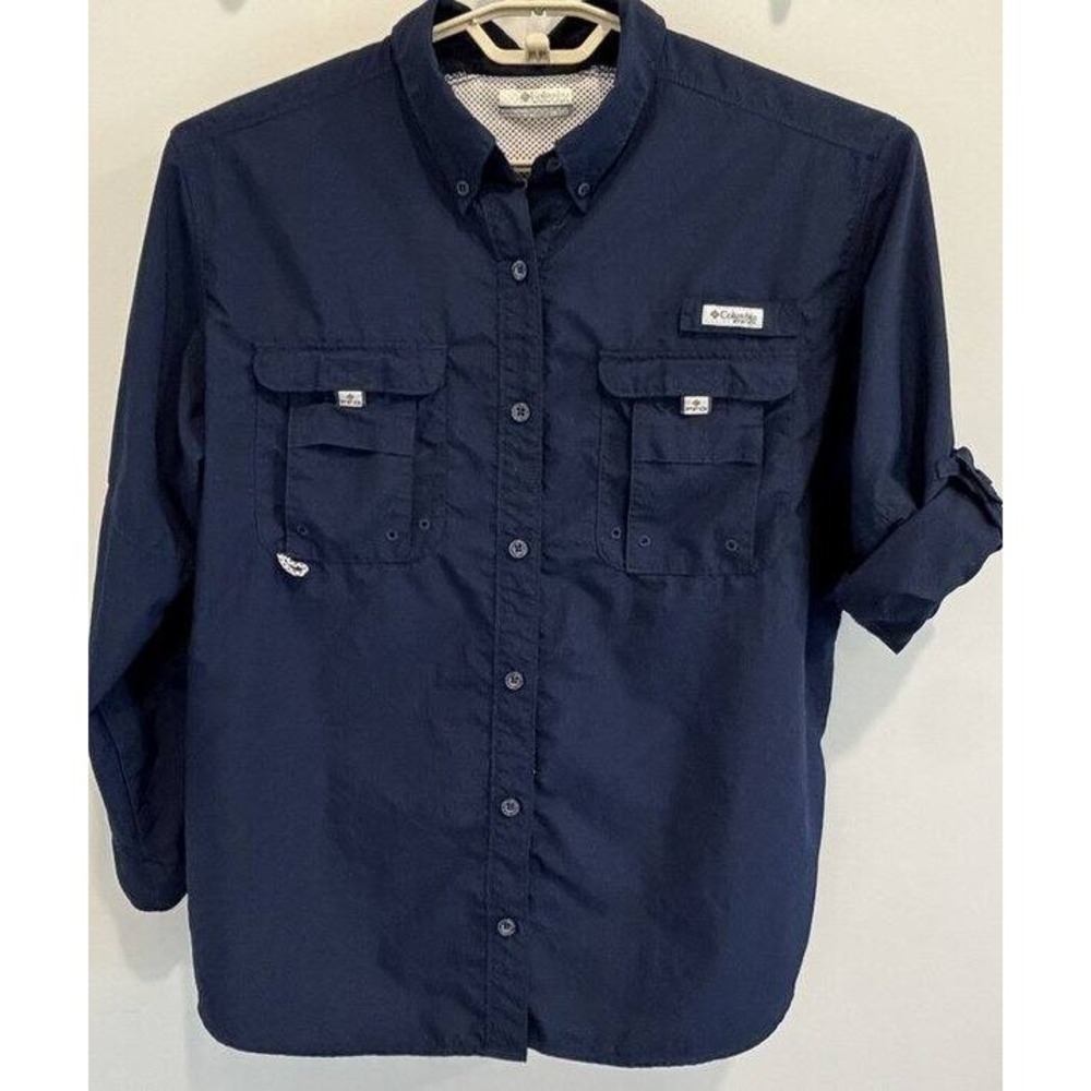 Columbia PFG Womens Navy Blue Tactel Nylon Long Roll Sleeve Button Front Shirt V